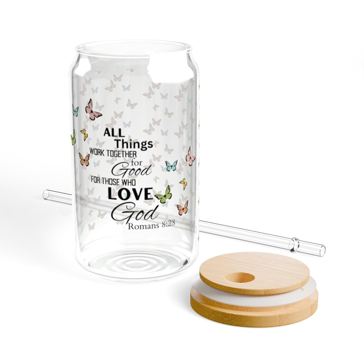 “Faithful Butterfly Glass Cup - Romans 8:28”